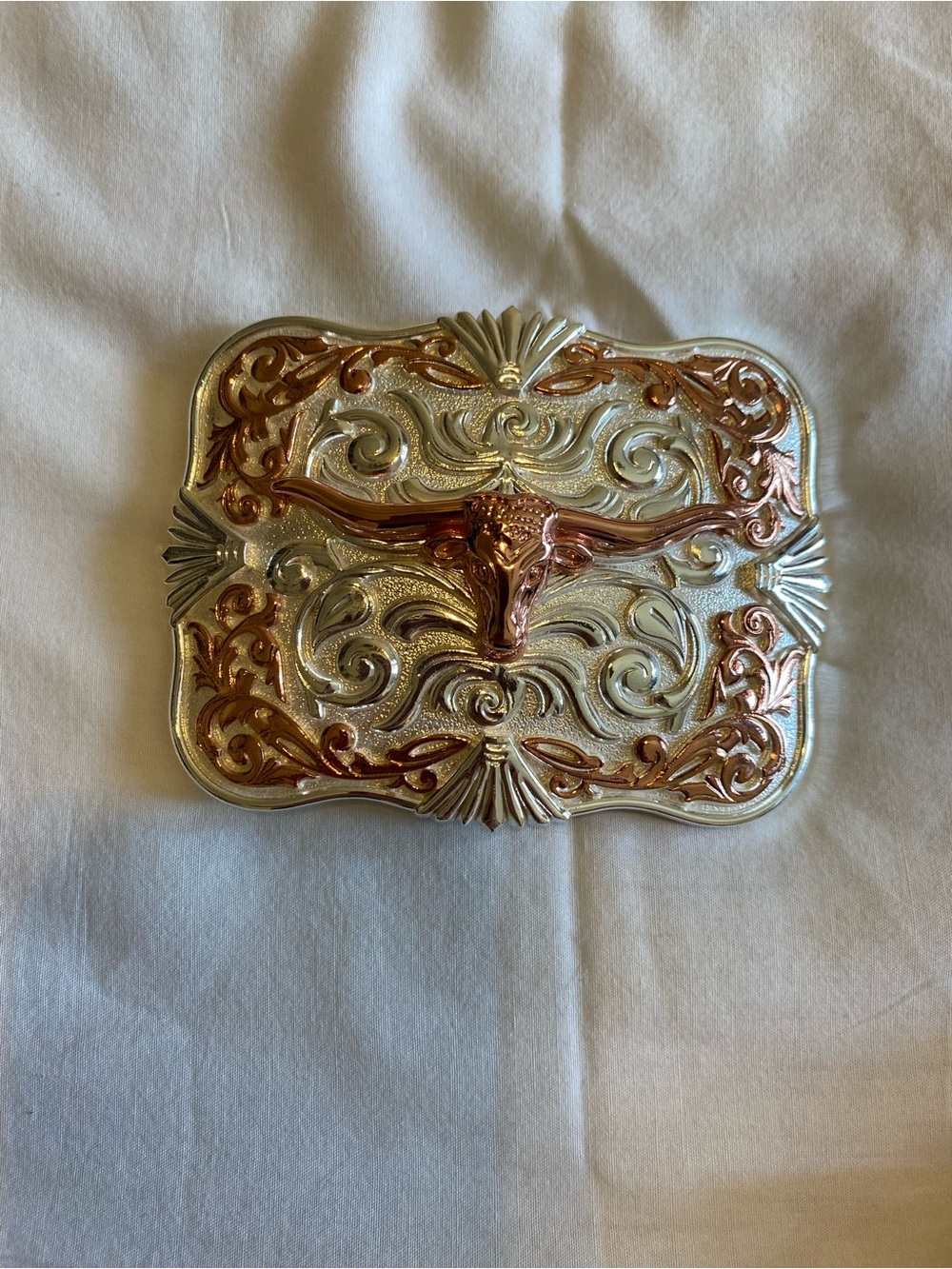 Two-Tone Longhorn Western Belt Buckle - Silver & Rose Gold Accents - Picture 3 of 3